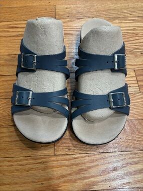 9d9fy Navy Triple-Buckle Slide Sandals for Women